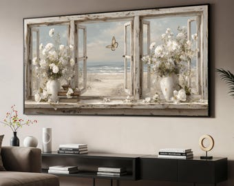 Coastal Window View Canvas Print, White Floral Vase Arrangement, Butterfly Wall Art