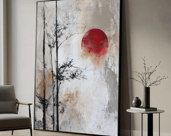Minimalist Tree Silhouette Canvas, Red Sun Abstract Wall Art, Modern Nature Print