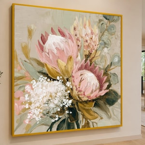 Leinwandbild mit zartrosa Protea-Blumenmuster, abstrakte botanische Wanddekoration (fertig zum Aufhängen)