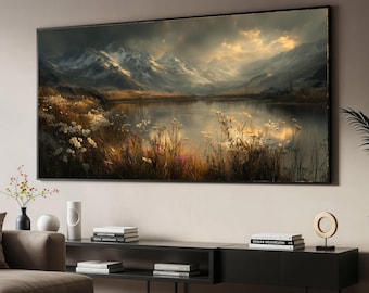 Tranquil Mountain Lake Canvas Print, Wildflower Meadow Sunset Reflection Wall Art