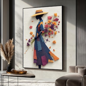 Florale Frau Silhouette auf Leinwand, Abstrakt Patchwork Dress Art, Große Leinwand, Wohnzimmer, Schlafzimmer, Büro,