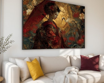 Elegant Geisha Red Umbrella Canvas, Oriental Crane Art, Japanese Floral Gold Circle Print