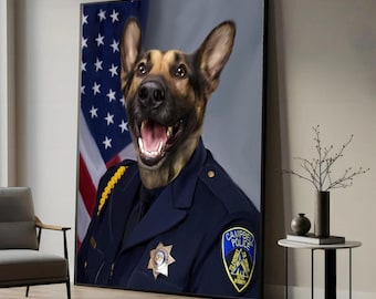 Canvastavla med schäfer, polis, patriotisk hund, väggkonst, amerikansk flagga bakgrund