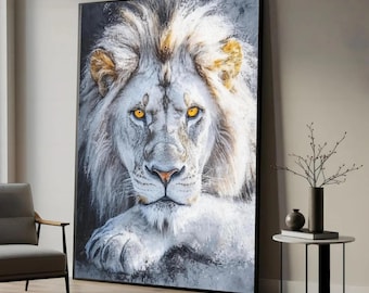 Majestätiskt vitt lejonporträtt, canvastavla med vilda djur, väggkonst, redo att hängas på canvas