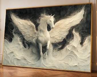 天馬　ペガサス　壁掛けアート ゴールデンペガサスキャンバス – 神話の翼を持つ馬の壁アート