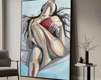 Samtida abstrakt kvinnofigur canvastavla, modern naken väggkonst, expressionistisk canvas