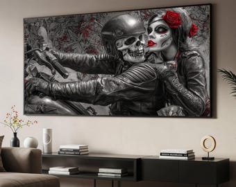 Dark Romance Skull Rider Canvas Print Art, Biker Couple Gothic Wall Decor