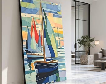 Färgglada segelbåtar hamnscen canvastavla, nautisk väggkonst, färdigt att hängas upp