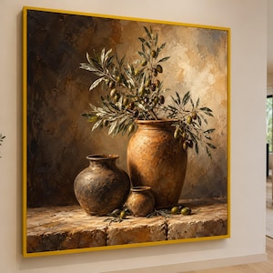 素朴なオリーブの枝の静物画、ヴィンテージ陶器のキャンバス、地中海風ウォールアート、アースカラーのホームデコレーション、クラシックなキッチンのプレミアムキャンバスプリント
