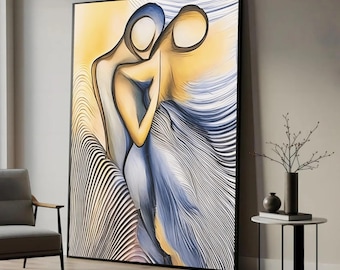 Abstrakt kanvastavla med par som omfamnar, modern kärlekskonst, väggdekoration med flytande linjer