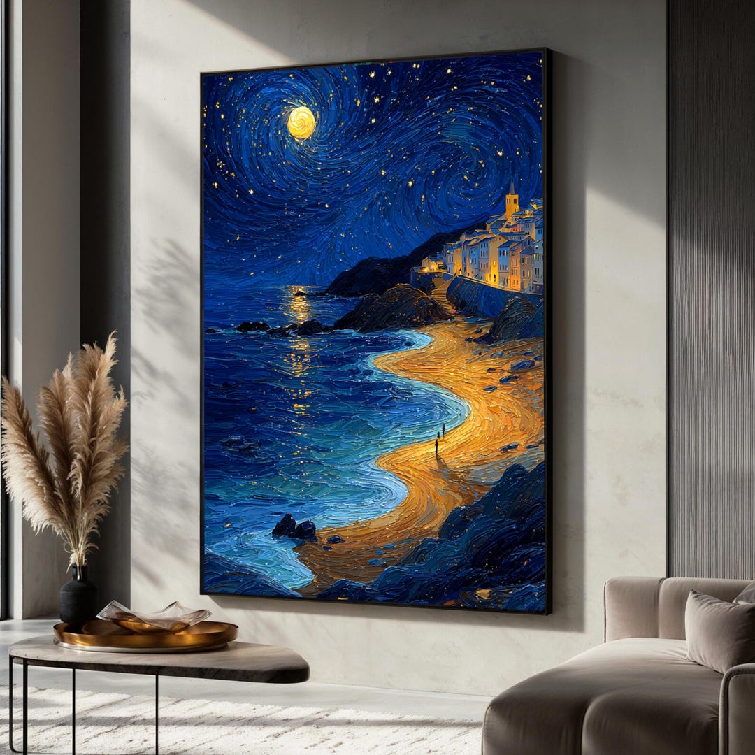 Starry Night Coastal Village Canvas Print, Moonlit Seaside Art - Etsy