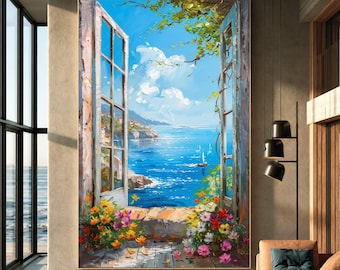 Coastal Wall Art, Open Window Ocean View Canvas, Mediterranean Seascape Print, Beach House Decor, Blue Ocean Landscape, Floral Window Art