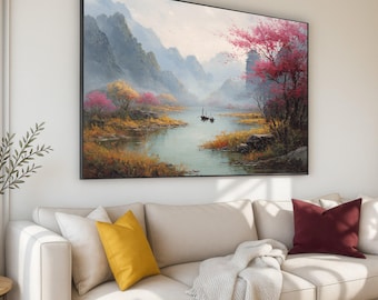 Dimmiga berg, flodlandskap, canvastavla, höstträd, fridfull naturscen
