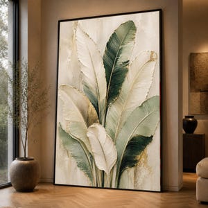 Textured Tropical Leaves Canvas, Neutral Green Botanical Art, Modern Wall Decor Print