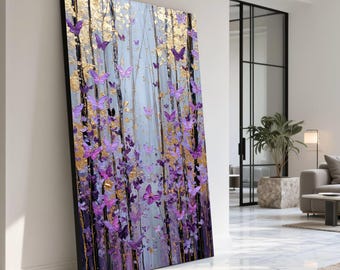 Lila fjärilsskog Canvastavla, gyllene lövträd väggkonst, blommig naturdekor