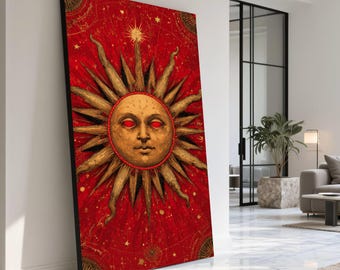 Canvastavla med mystiskt solansikte, väggkonst med himmelsk astrologi, dekoration med röd kosmisk solstråle