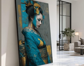 Geisha Portrait Canvas Print, Traditional Japanese Kimono Wall Art, Blue Gold Decor