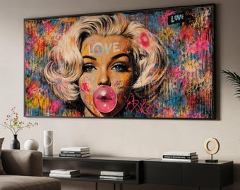 Pop Art Woman Bubblegum Canvastavla, Färgglad Urban Street Art Väggdekoration