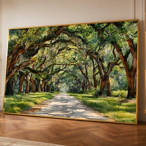 Majestic Oak Tree Tunnel Canvas Print, Southern Nature Woodland Wall Art, Modern Living Room
