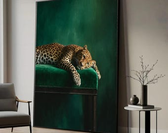 Leopard på vintage ottomansk kanvastavla, djurmotiv väggdekor (klar att hängas)