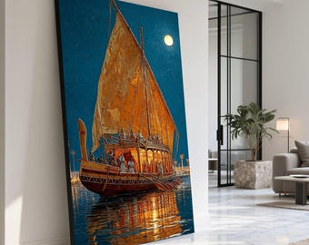 Illuminated Sailboat Canvas Print, Night Scene Nautical Wall Art