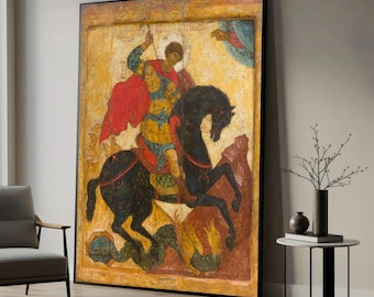 Canvastavla med Sankt Göran som dödar draken, medeltida religiös ikon, vardagsrum