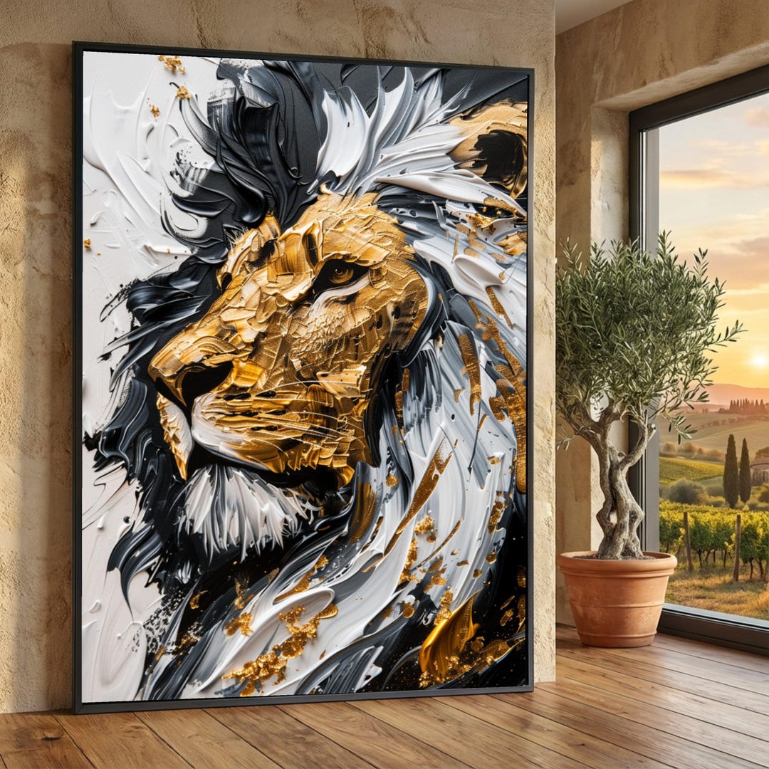 Abstract Lion Canvas Painting, Gold Black White, Modern Wall Art - Etsy