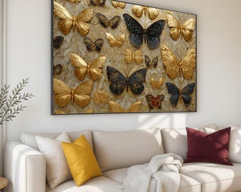 Elegant guld- och svart fjärilsmålning på canvastavla, metallisk insektsdekoration, vardagsrum