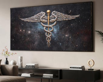 Caduceus Canvas Väggkonst, Medicinsk Bevingad Personal Konstverk, Hälsovårdsinredning, Mytologiskt Tryck