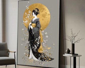 Geisha Cherry Blossoms Canvas Print Art, Japanese Woman Gold Moon Wall Decor