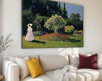 Claude Monet, Woman White Dress with Parasol, Garden Flower Beds Canvas Print,