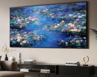 Impressionistiska näckrosor Canvastavla, blå dammblommig väggkonst, lugn trädgårdsdekor