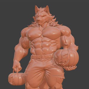 May include: A muscular, anthropomorphic werewolf figure in a neutral color, holding two carved pumpkin lanterns. The figure wears pants, a belt, and boots. The werewolf has a detailed fur texture and a fierce expression, perfect for Halloween.