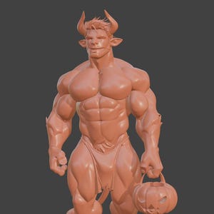 May include: A 3D-rendered sculpture of a muscular minotaur figure, holding a carved pumpkin bucket. The figure has horns, ears, and hooves, with a loincloth. The sculpture is a solid, light brown color, set against a gray background.