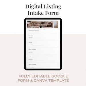Peut inclure: Un formulaire de saisie de fiche numérique affiché sur l'écran d'une tablette. Le formulaire comprend des sections pour les informations sur la propriété comme l'adresse, l'année de construction, la surface et les chambres. Texte : Digital Listing Intake Form.