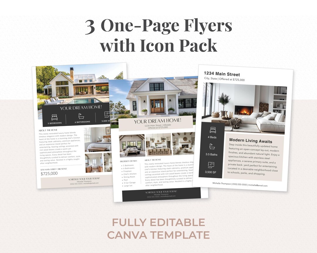 Real Estate Flyer Canva Template | 3 Editable One‑page Realtor Flyers ...