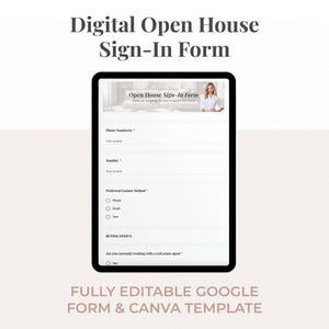 Hoja de registro de puertas abiertas / Plantilla de formulario de Google + Encabezados de Canva / Captura de clientes potenciales de bienes raíces / Formulario editable para agentes inmobiliarios