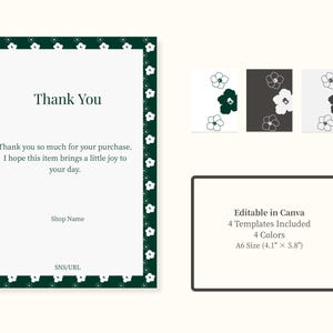 Puede incluir: Tarjetas de agradecimiento con un borde floral y las palabras "Thank You". Las tarjetas incluyen un mensaje, el nombre de la tienda y la URL de las redes sociales. También se incluyen tres variaciones de diseño floral y una descripción de la plantilla.