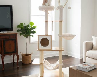 Modern Wooden Cat Tree Tower with Hammock, Indoor Cat Condo, Large Cat Scratching Post, Cat Climber with Bed & Toys