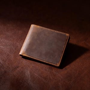 Pode incluir: Uma carteira de couro castanho com acabamento envelhecido. A carteira é retangular e apresenta costuras visíveis nas bordas. O fundo é uma superfície castanha texturizada.