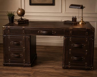 Luxe lederen directiebureau, handgemaakt koloniaal bureau, vintage schrijftafel, op maat gemaakte kantoormeubilair, mooie leren koffer
