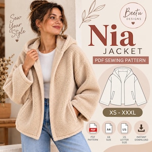 Patroon voor een jas met capuchon voor dames, naaipatroon voor een teddyjas met rits, naaipatroon voor beginners, PDF (XS-XXXL) A0 A4 printbaar downloaden