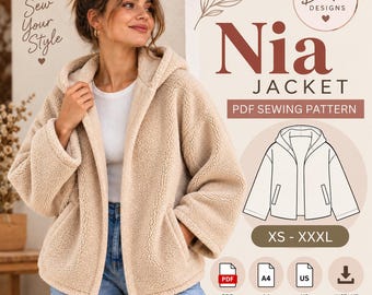Hooded Jacket Pattern for Women Coat sewing Pattern Zip up teddy Jacket Beginner Sewing Pattern PDF (XS-XXXL) A0 A4 Printable Download