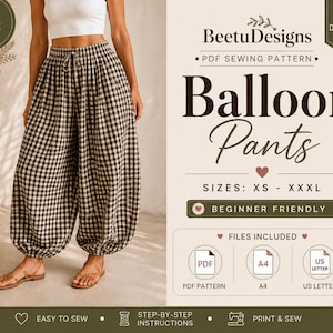 May include: A PDF sewing pattern for balloon pants by BeetuDesigns. The image shows black and white gingham pants with an elastic drawstring waist and gathered cuffs. Text includes: New Style, Instant Download, Balloon Pants, Sizes: XS - XXXL.