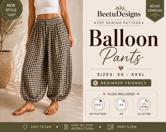 Balloon Pants Sewing Pattern Barrel Leg Bubble Pants harem Baggy Pants (XS-XXXL) women Loose Fit wide leg PDF Printable digital download