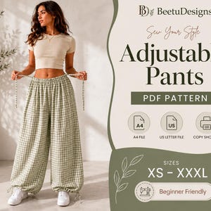 May include: A digital PDF sewing pattern for adjustable pants by BeetuDesigns. The graphic features text including Adjustable Pants, PDF Pattern, and sizes XS-XXXL. Icons indicate A4, US Letter, and copy shop file formats are included.