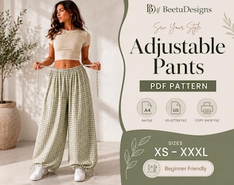 Adjustable Pants Sewing Pattern Barrel Leg Baggy Pants women Balloon bubble wide leg Side tie pleated pants PDF Printable digital download