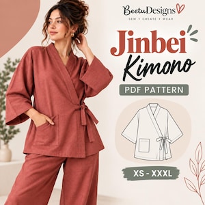Puede incluir: Un patrón PDF de kimono Jinbei color óxido que presenta una parte superior estilo envolvente con mangas anchas, cierre de lazo lateral y un bolsillo frontal, combinado con pantalones anchos a juego. El gráfico incluye el texto BeetuDesigns, Jinbei Kimono.