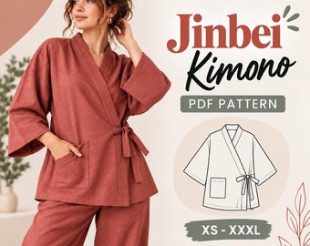 Jinbei Sewing Pattern Japanese Robe Pattern Kimono Wrap Jacket Women Shirt PDF (XS-XXXL) beginners A0 A4 Printable digital download