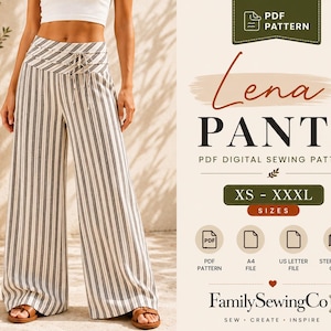 May include: Wide-leg pants featuring a vertical striped pattern in black and white with a drawstring waistband. The text reads Lena Pants PDF Digital Sewing Pattern, XS-XXXL, PDF Pattern, A4 File, US Letter File, Step by Step Guide, FamilySewingCo.